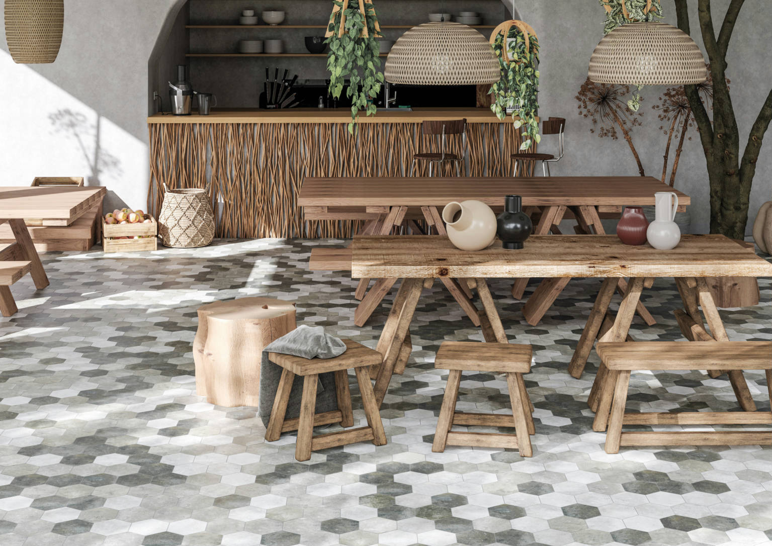 Seville 5.5X6.3” Grey, Black, and White Hexagon | Revere Tile Company